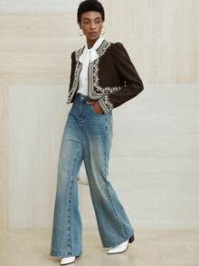 GENKIRA Women's Short Jacket With Embroidered Blue And White Porcelain Pattern, Crew Neck - Coffee Brown - View 6