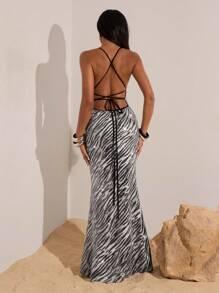 Opulessa 女式斑马纹亮片紧身美人鱼下摆性感吊带连衣裙 - 灰色 - 查看 3