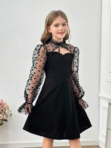 SHEIN Vestido de mangas largas con volantes en la cintura, con estampado de lunares, parche de malla y unicolor para niña preadolescente, adecuado para Navidad, fiestas, Año Nuevo, temporada de graduación, vestido negro, Acción de Gracias. - Negro - Ver 9