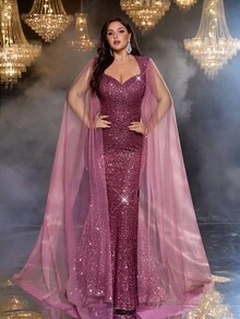 Aureia 加大码优雅浪漫奢华莲花粉色亮片撞色网眼甜心领串珠胸围腰部喇叭袖合身鱼尾下摆连衣裙，适合晚会、约会、度假、舞会、婚礼活动（重度点缀） - 藕粉色 - 查看 3