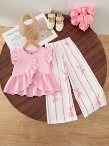 Young Girl Cute Ruffle Hem Asymmetrical Hem & Bow Print Casual Pants Set Pink Bow Pants