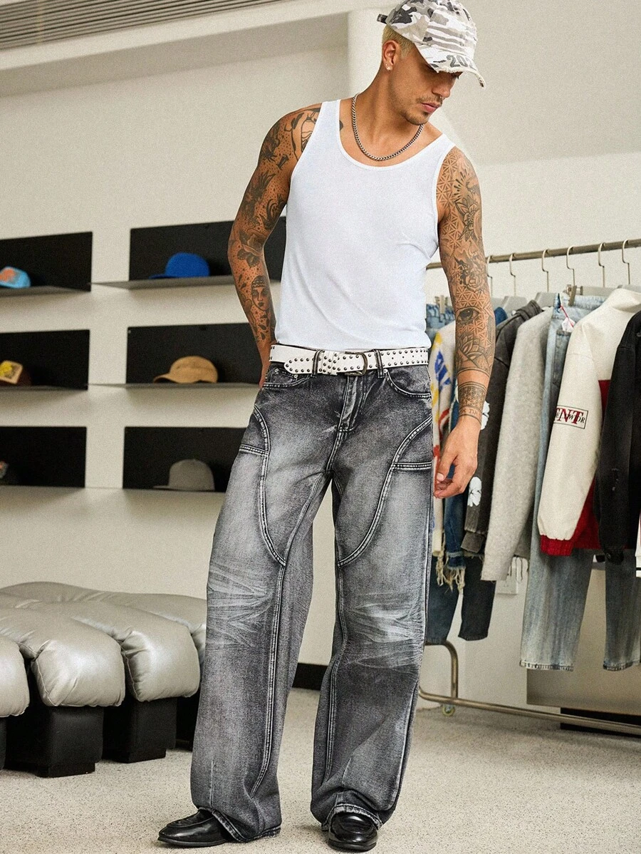 Manfinity Roghcode Jeans casual lavati neri a gamba larga e taglio dritto, effetto vissuto, per primavera/estate - nero - Visualizzare 1
