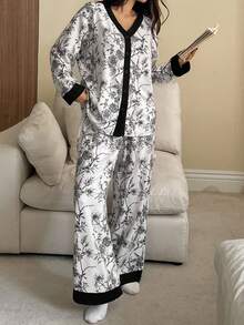 DAZY Line Drawing Plant Pattern Contrast Color Patchwork Women Pajama Set, Fall Clothes - White - View 5
