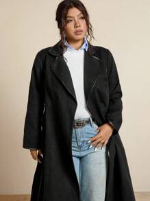 SHEIN LUNE Plus Size Women Lapel NeckLong Sleeve Casual Double-Faced Overcoat Winter Clothes For Women Business Casual Woman Trench Coats Fall Clothes For Women Winter Clothes Office Outfits For Women Chic Winter Business Autumn