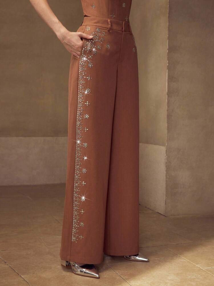 RHINESTONE DETAIL WIDE LEG PANTS