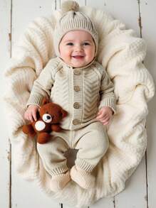 SHEIN 2件套针织新生儿连体衣带绒球帽男婴1个月100天摄影服装婴儿针织纽扣开襟毛衣拍照服装 - 杏色 - 查看 4