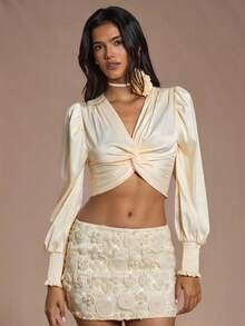 Glamine Apricot Long Sleeve V-Neck Twist Lantern Sleeve Short Blouse, Elegant For Banquet Cream Top Twist Top, Date Night Women's And Autumn Wedding Guest Fall Cloth For Women - Apricot - View 5