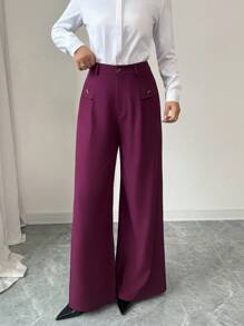 Elenzga Women's Burgundy Drapey Fabric Belted High Waist Elegant Loose Straight Leg Palazzo Pants, Professional Formal Trousers Fall Cloth For Women - Burgundy - View 4