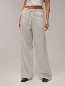 SHEIN Forever 21 Pantalones rectos y holgados con cintura elástica y cordón para mujer, nuevos de primavera para vacaciones - Albaricoque - Ver 4