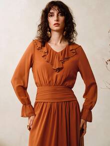 SHEIN Revavyn Women's Elegant Chiffon V-Neck Ruffle Long Dress,Burnt Orange Autumn Beaded Pleated Tea Party Date Retro Western Country Concert Outfit - Rust Brown - View 3