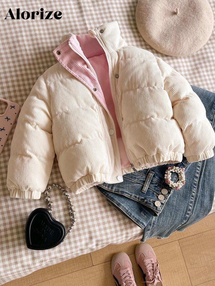 Sparklyn Young Girl' Winter Cute Beige Corduroy Collar Padded Coat, Contrast Lining & Button Closure, Thick Padded Coat