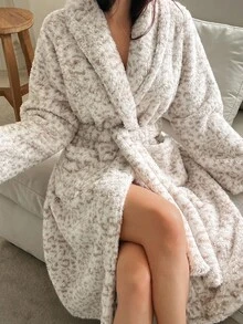 DAZY Women's Leopard Print Mid-Length Lapel Collar Flannel Robe, Winter, Fall Fluffy Pajama, Cozy - Beige - View 9