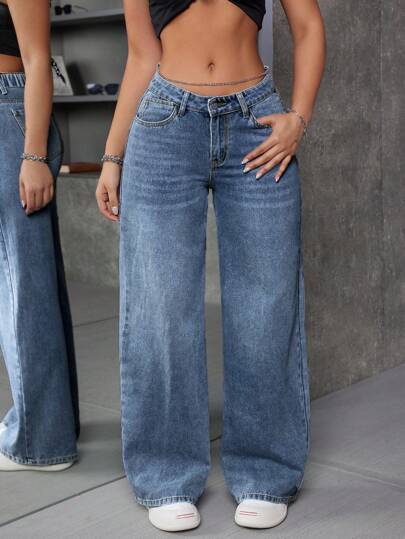 Plus Size Solid Color High Waist Loose Casual Pocket Wide Leg Jeans