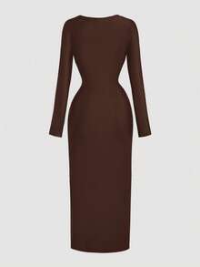 SHEIN MOD Women's Elegant Solid Color Asymmetrical Neckline Ruched Twist Long Dress,Fall,Fall Wedding Guest Brown Dress,Wedding Guest Dress Women