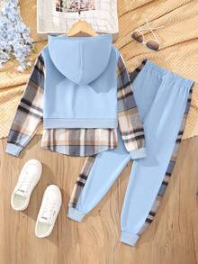 女童格子拼接连帽上衣和裤子两件套 - 藍色 - 查看 2