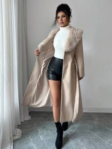 Elenzga 女式优雅狐狸装饰收腰长袖外套，秋冬 - 咖啡棕 - 查看 6