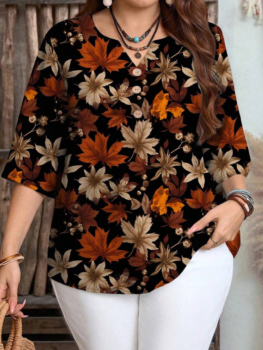 Mellowie Camisa casual de talla grande para mujer con estampado de hojas de arce vintage, adecuada para el verano