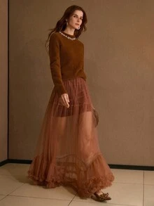 MOTF PREMIUM CONTRAST MESH RUFFLE HEM SKIRT - Rust Brown - View 3
