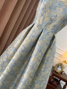 Celure Váy cổ điển thanh lịch cỡ lớn dành cho nữ, cổ vuông, thắt eo, họa tiết lá kim sang trọng, viền xòe, duyên dáng - Màu xanh nhạt - Xem 4