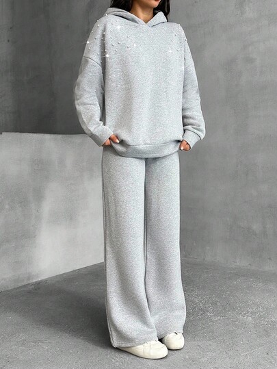 Women, Autumn, Two Set, Sweatshirt, Pant, Casual, Pearl Pearl Embellished Hoodie Wide Leg Sweatpants Two Piece Set Women Comfy Lounge Set Co-Ords Sets Women Lounge Wear Comfy Set Co Ords Sets Women Comfortable Two Piece Set