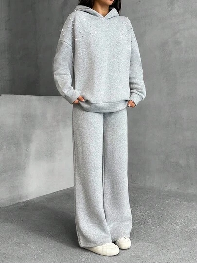 EURMUSE Women, Autumn, Two Set, Sweatshirt, Pant, Casual, Pearl Pearl Embellished Hoodie Wide Leg Sweatpants Two Piece Set Women Comfy Lounge Set Co-Ords Sets Women Lounge Wear Comfy Set Co Ords Sets Women Comfortable Two Piece Set