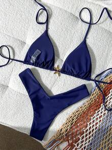 Swim Mod Bộ bikini gợi cảm dây mảnh màu trơn trang trí kim loại cho nữ, mùa hè - Màu xanh lam - Xem 2