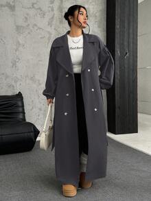 SHEIN EZwear Áo khoác dài tay cổ ve lật màu xám cỡ lớn cho nữ, mùa thu - Màu xám đen - Xem 3