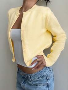 SHEIN Teen Girls Yellow Cardigans Knitwear Casual Solid Color Round Neck Long Sleeve Loose Cropped Girl Cardigan Sweater, Warm Comfort, Cozy Chic, Daily Commute,Halloween,Fall,Winter,Autumn,Christmas,Y2k,Summer