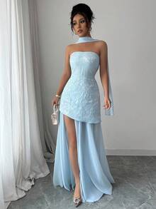 SHEIN PETITE Váy xẻ tà sang trọng, không dây, eo thắt eo - Màu xanh lam - Xem 6
