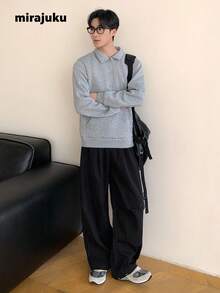 Mirajuku Áo nỉ cổ bẻ phong cách đại học thường ngày dành cho nam thiếu niên, thích hợp mặc đi học, thường ngày, thể thao - màu đen - Xem 6