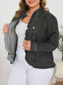 SHEIN Plus Size Women's Solid Color Washed Denim Jacket, Autumn/Winter - Grey - View 7