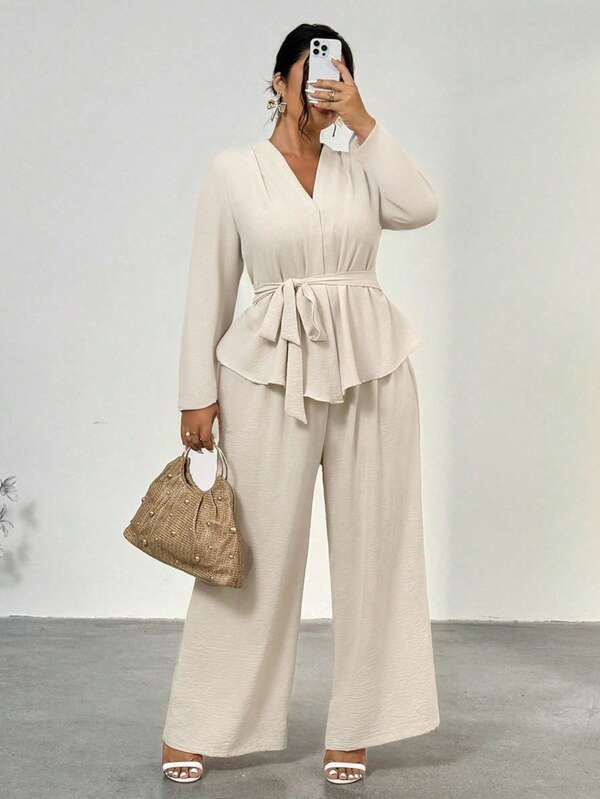 Firerie 2 قطعة مجموعة للنساء تتكون من ملابس علوية فضفاضة بياقة على شكل V وشريط خصر وبنطال مستقيم، إطلالة أنيقة ومريحة مناسبة للاستعمال اليومي والخروجات والحفلات والمكتب، ملائمة لفصول الربيع والصيف والخريف