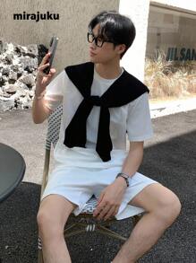 SHEIN Mirajuku 青少年/年轻男士舒适华夫格纹理面料宽松休闲 T 恤套装，适合日常休闲穿着