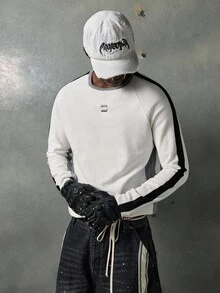 NEON BLANC Men's Casual Patchwork Side Round Neck Raglan Sleeve Top, Autumn - White - View 2