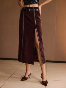 MOTF PREMIUM CONTRAST PU LEATHER THIGH SLIT BELTED SKIRT - Burgundy - View 4