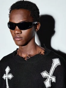 Modcrash Sudadera holgada y desgastada con estampado de cruz, de manga corta, unisex, para uso casual, streetwear, de primavera a verano - Negro - Ver 5