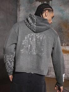 PAVTROS 男士创意字母图案水钻装饰短款连帽衫，深灰色钻石连帽衫，灰色图案连帽衫，短款图案连帽衫，水钻连帽衫，男士短款连帽衫，街头服饰，男友礼物，返校，万圣节，水钻，万圣节，万圣节派对，街头服饰，灰色图案连帽衫，星星连帽衫，连帽衫图案，男士连帽衫，星星印花连帽衫 - 深灰色 - 查看 2