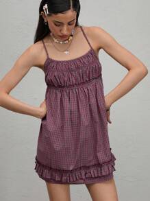 COUREZ Check Babydoll Cami Dress /Summer Outfits For Women /Summer Dresses Going Out Outfits Casual /Y2K Vacation Holiday Cotton Cotton Vintage