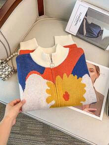Regalyn Plus Size Women's Colorful Crew Neck Zip-Up Sweater Top Fall Winter Cloth For Women Autumn