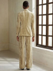Aveloria Modichic Women's Elegant Velvet Pleated Metal Button Blazer Suit Set, Long Sleeve Top And Casual Trousers Holiday Party Clothes  - Champagne - View 2
