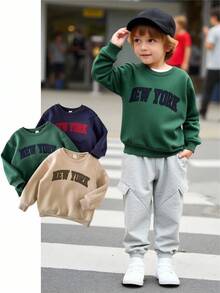 3 Stück/Set Collegestyle Thermo-Sweatshirt Set für Kleine Jungen mit kontrastfarbener, dicker Stickerei-Grafik, bequem & vielseitig, geeignet für Winter und Herbst
