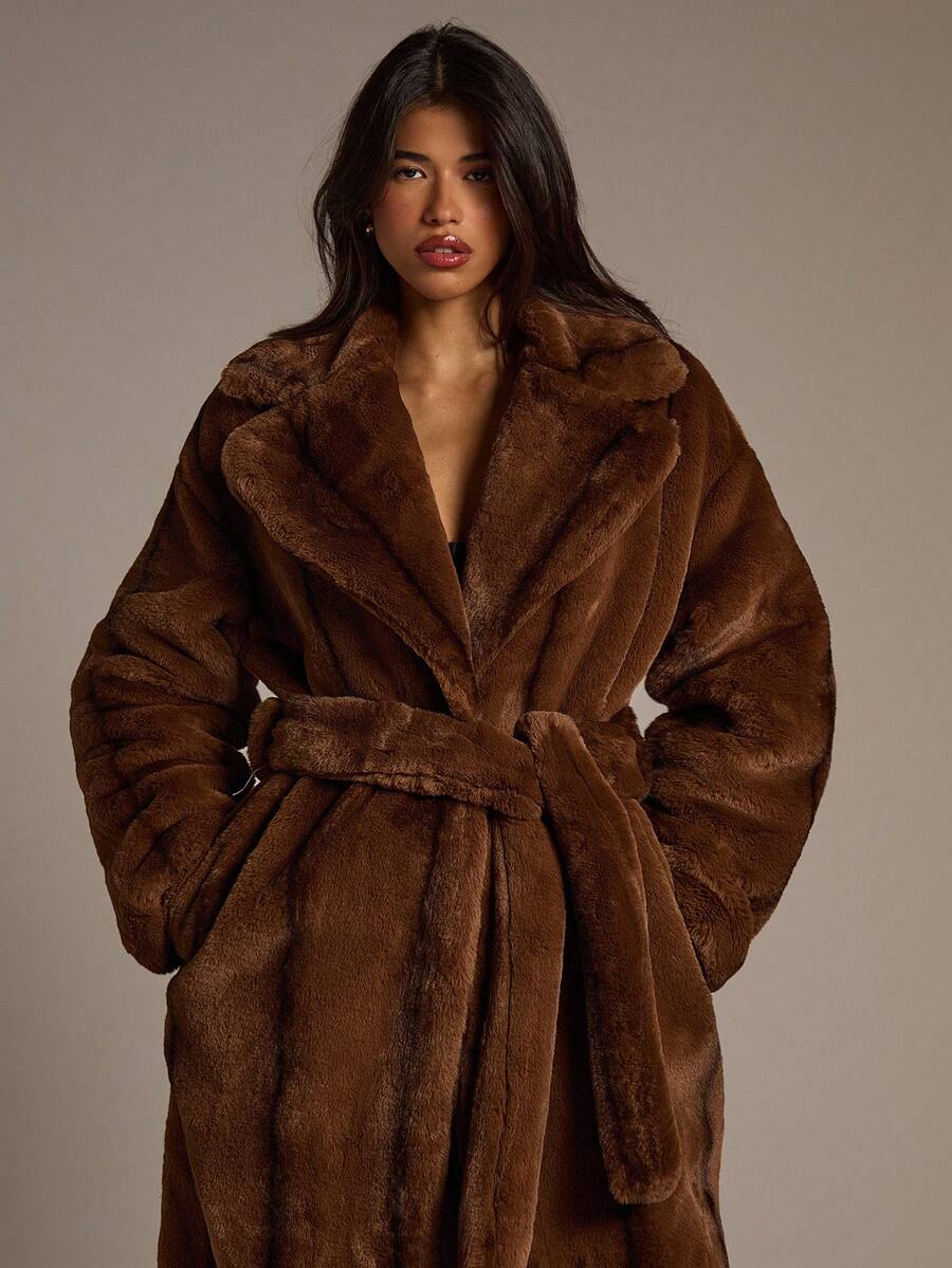 Aloruh 女士秋冬新款黑帮妻子风格渐变色长袖厚人造毛领系带长款人造毛外套