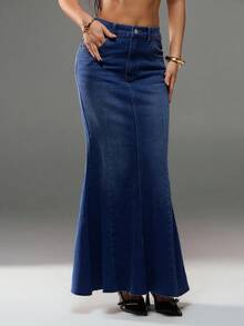 SHEIN Forever 21 Summer New Low Waist Mermaid Casual High Street Women Denim Maxi Skirt - Navy Blue - View 6