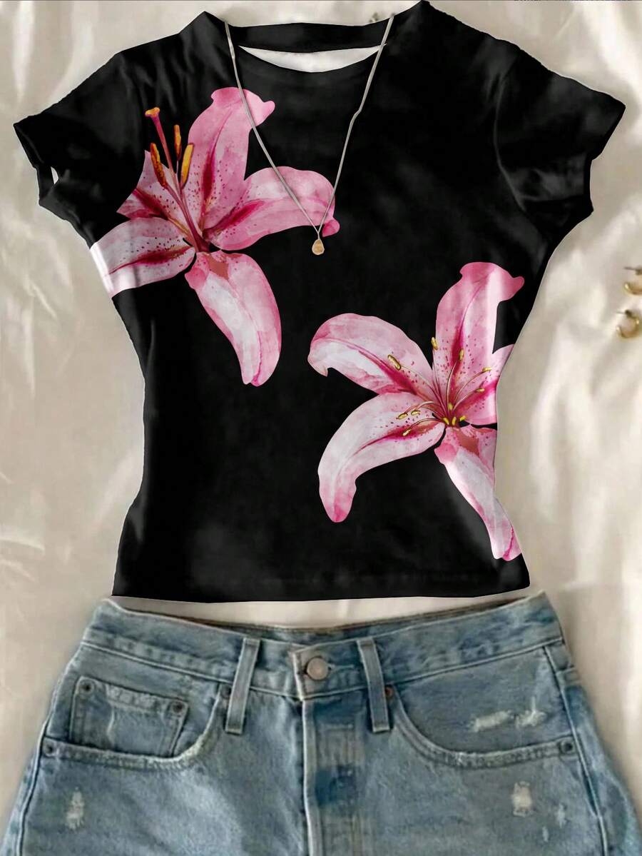 Attitoon Women's Round Neck Short Sleeve Fitted T-Shirt, Suitable For Summer, Hibiscus Flower Print, Hawaiian Print, Suitable For Vacation