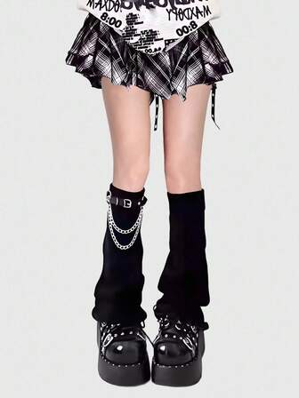 Grunge Punk 1 Pair Goth Knitted Flared Leg Warmers + 1 Punk Chain , Goth Style Leg Warmers , Y2K Sets
