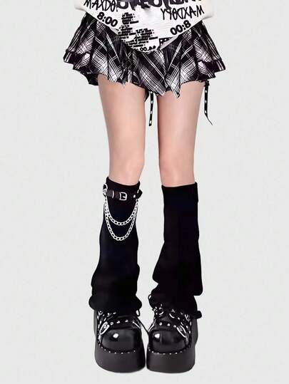 Grunge Punk 1 Pair Goth Knitted Flared Leg Warmers + 1 Punk Chain , Goth Style Leg Warmers , Y2K Sets