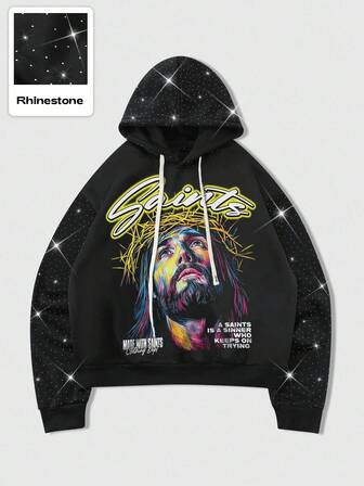 Goth Sudadera con capucha unisex con gráfico de Jesús y adornos de rhinestone, uso casual de todos los días, otoño/invierno