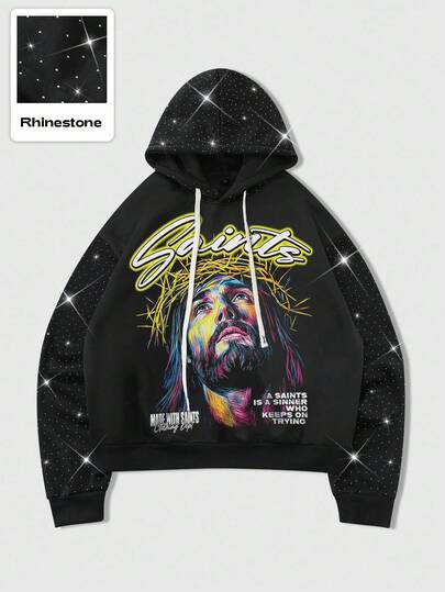 Goth Unisex Jesus Graphic Rhinestone Embellished Hoodie, Casual Everyday Wear, Autumn/Winter
