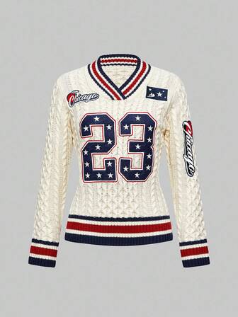 ROMWE Avant Damen Schulanfang V-Ausschnitt Kontrast Farbe bestickte Nummer Pullover Sweater