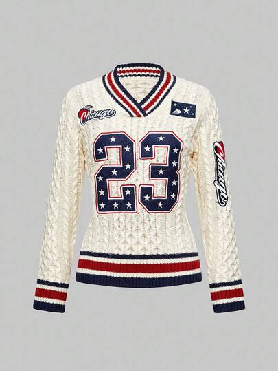 ROMWE Avant Pull-over à col en V avec numéro brodé et couleur contrastée, idéal pour la rentrée scolaire pour femmes